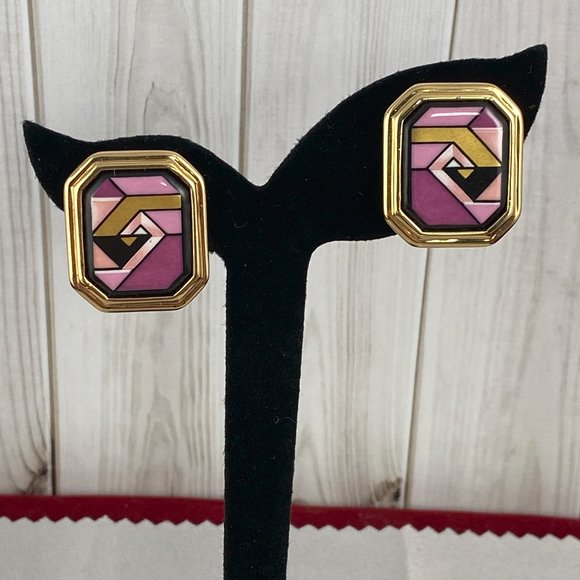Vintage Michaela Frey Willie Earrings Octagon Shape Enameled Geometric Design - Picture 1 of 4